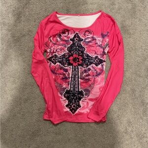 Women’s 2000s Style Pink Cross Graphic Long Sleeve Top